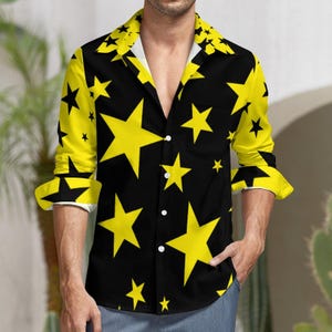 Yellow Star Print Faux Linen Men's Shirt – Long Sleeve Button Down, Lightweight Made to Order Shirt