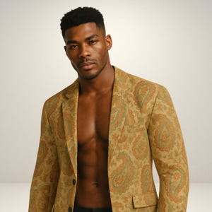 May include: A tan blazer with a paisley pattern in shades of green, orange, and blue. The blazer has a classic two-button closure and notched lapels. The jacket is a stylish piece of apparel.