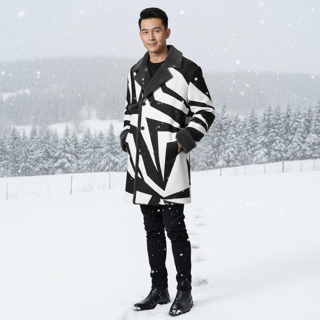 Geometric Trench Coat, Black White Abstract Line, Fleece Lined - Etsy