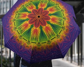 Psychedelic Rainbow Mandala Umbrella: Auto Open Close, Windproof Travel