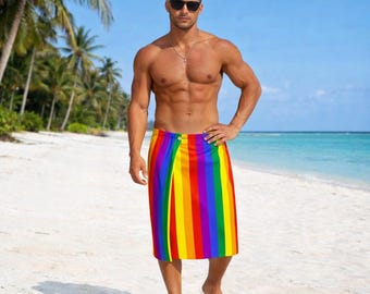 Regenboog wikkelrok heren, Pride sarong heren, kleurrijke wikkelrok, festival strandrok heren, LGBTQ-instructierok