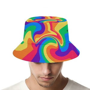 Cappello a secchiello Rainbow Swirl Delight - Colori vivaci e vorticosi dell'orgoglio LGBTQ+, unisex, traspirante, protezione solare