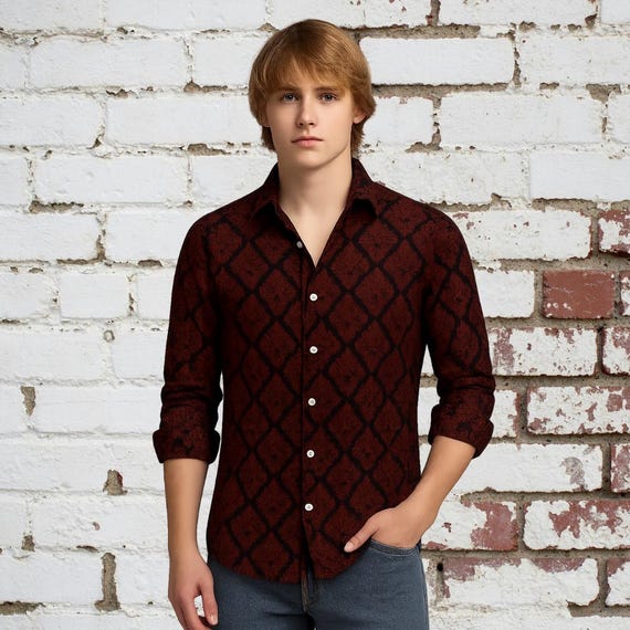Genérico Camicia a maniche lunghe con tasca, tinta unita e collo largo, primaverile, da uomo, rosso, M
