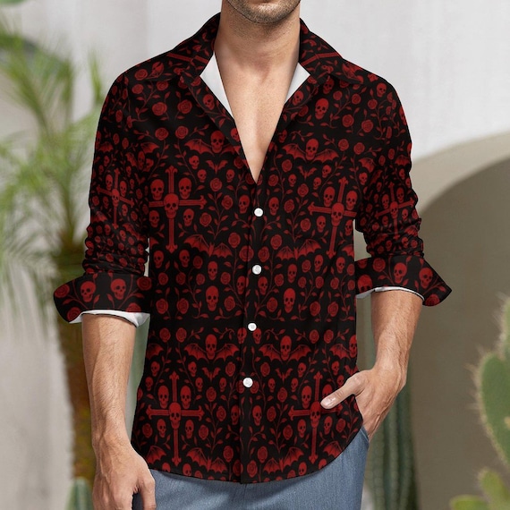 Gothic Skull & Rose Long Sleeve Shirt | Men's Faux Linen Halloween Top Gothic Skull & Rose Long Sleeve Shirt | Men's Faux Linen Halloween Top