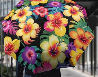 トロピカルハイビスカス傘：自動開閉式、鮮やかな花柄プリント - Etsy 日本