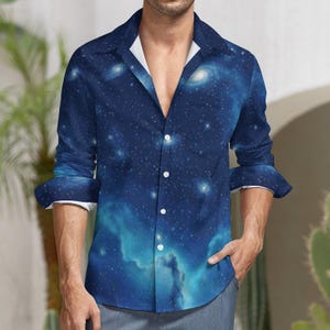 Galaxy Space Print Men&#39;s Long Sleeve Button Down Shirt - Cosmic Universe Design Faux Linen Casual Shirt with Pocket