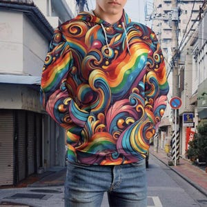 Men’s Artistic Rainbow Swirl Pullover Hoodie – Vibrant Abstract Wave Design – Made to Order