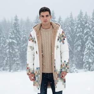 May include: A white winter coat with a hood and a colourful geometric pattern on the sleeves and lower front. The coat has a tan fleece lining and is worn over a tan cable-knit sweater and dark blue jeans. The background features a snowy forest.