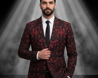 Gothic Skull and Rose Blazer for Men – Red and Black Cotton Suit