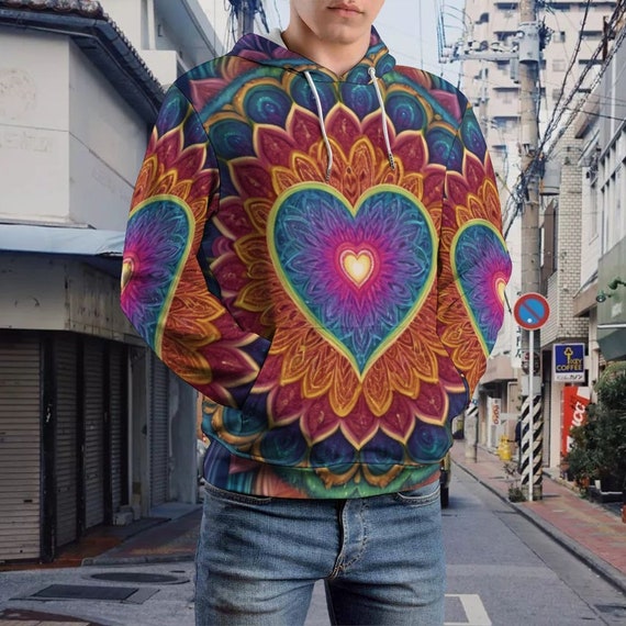 Rainbow Mandala Heart: All-over Printed Men's Hoodie (230gsm)