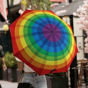 Puede incluir: Un paraguas arcoíris con un diseño circular. El paraguas está abierto y sostenido por una persona. El paraguas está hecho de tela con un patrón de arcoíris.