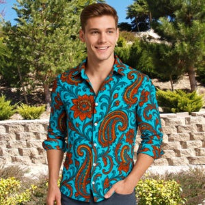 Bold Floral Paisley Print Faux Linen Men’s Long Sleeve Shirt, Made to Order Button Down Casual Shirt, Sublimation Print Vintage Style Shirt