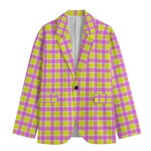 May include: A yellow and pink checkered blazer with a single button closure.