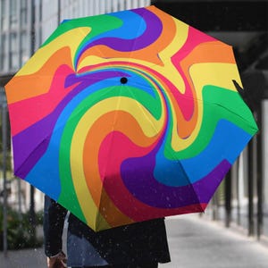Può includere: Un ombrello dai colori dell'arcobaleno con un motivo a spirale. L'ombrello presenta uno spettro di colori, tra cui rosso, arancione, giallo, verde, blu e viola. L'ombrello è aperto e il manico non è visibile.