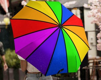 Paraguas Rainbow Pride / Paraguas de viaje colorido con protección UV / Resistente al viento, apertura y cierre automáticos