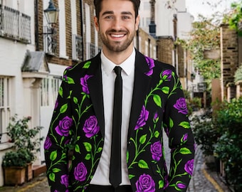 May include: A black blazer with a vibrant floral pattern of purple roses and green leaves. The blazer has a classic cut with a black lapel and is paired with a black tie and white shirt. The overall look is stylish and eye-catching.