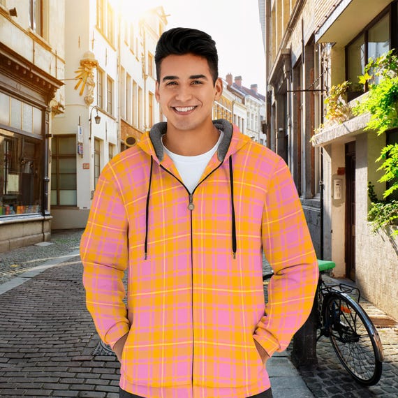 Men's Pink and Yellow Plaid Plush Zip up Hoodie – Bright Tartan