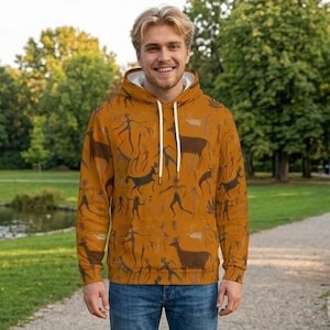 Felpa con cappuccio da uomo con stampa integrale e motivo a pittura rupestre / Poliestere sublimato 230 g/m² / Anti-pilling e resistente allo sbiadimento