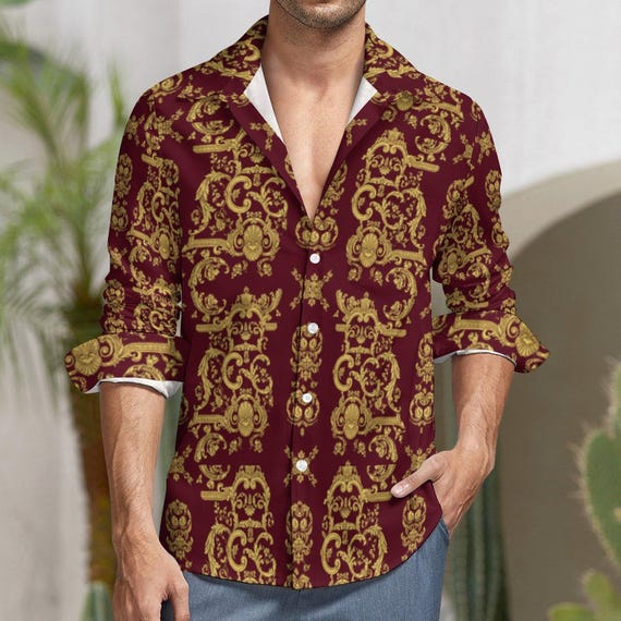 Baroque Gold Pattern Shirt: Burgundy Faux Linen, Vintage Style - Etsy Israel