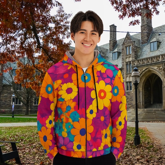 Men's Retro Floral Print Plush Hoodie - Scuba Fabric, Gray Lining