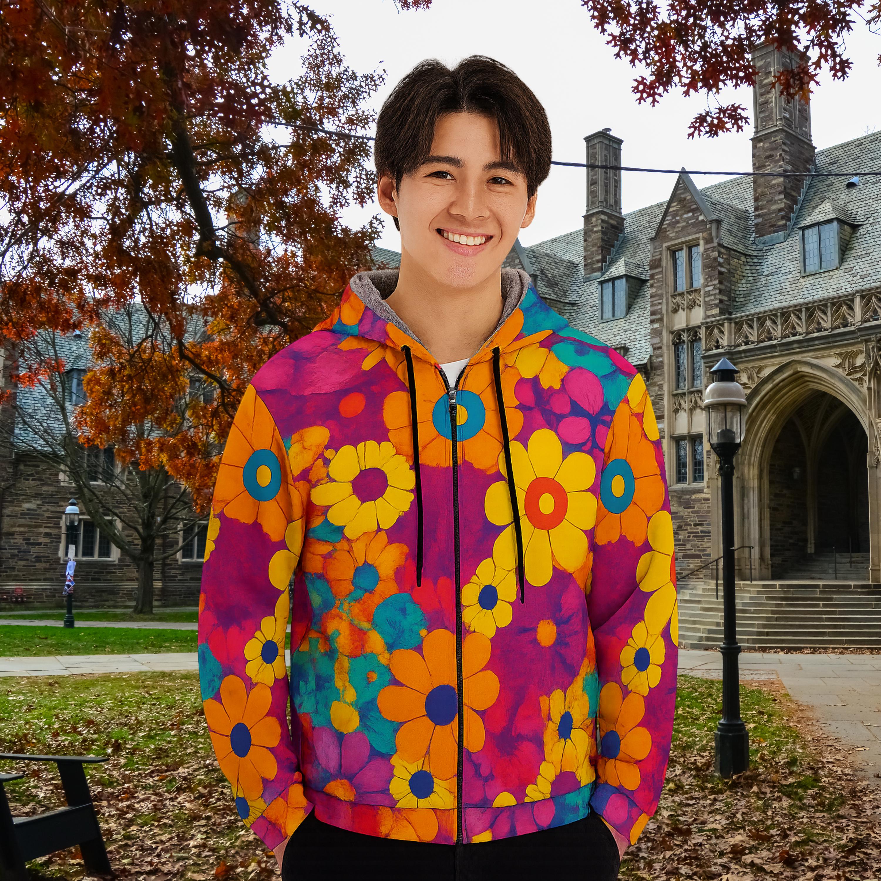 Men's Retro Floral Print Plush Hoodie - Scuba Fabric, Gray Lining