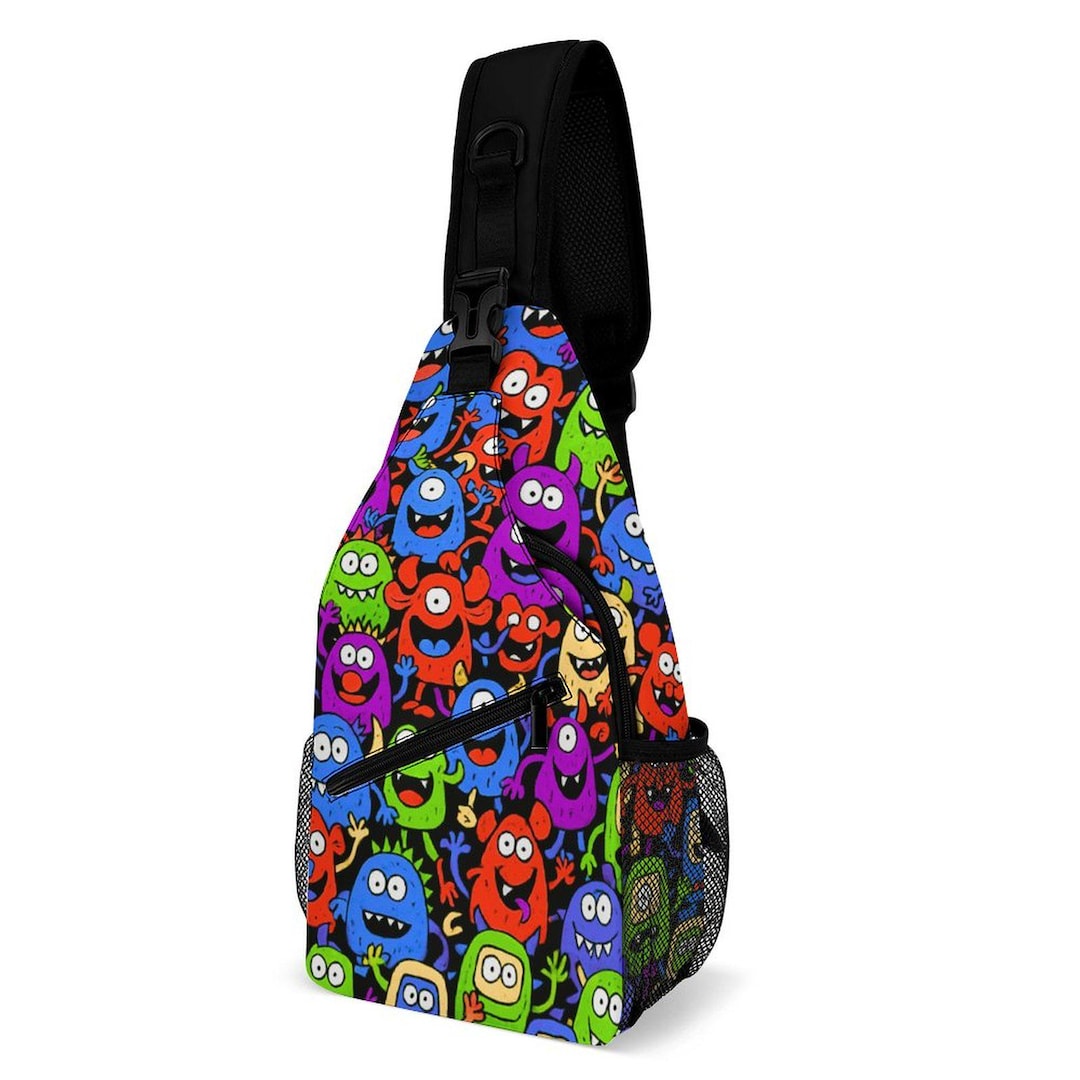 Colorful Monster Sling Backpack: Twill Crossbody Bag for Travel