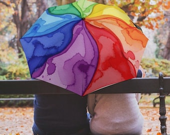 Paraguas espiral de acuarela arcoíris: apertura y cierre automáticos, tela pongee