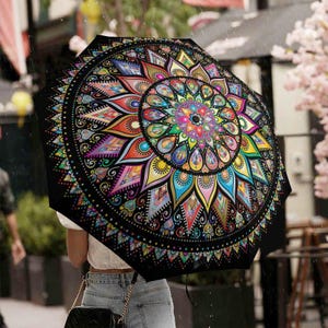 Boho Mandala Travel Umbrella | Made-to-Order Sublimation Print | Compact Windproof UV Umbrella | Colorful Festival Style