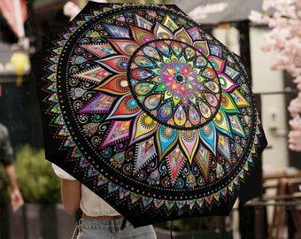 Boho Mandala Regenschirm | Bunter Festival Reiseschirm | Winddicht Selbst Öffnen Schließen