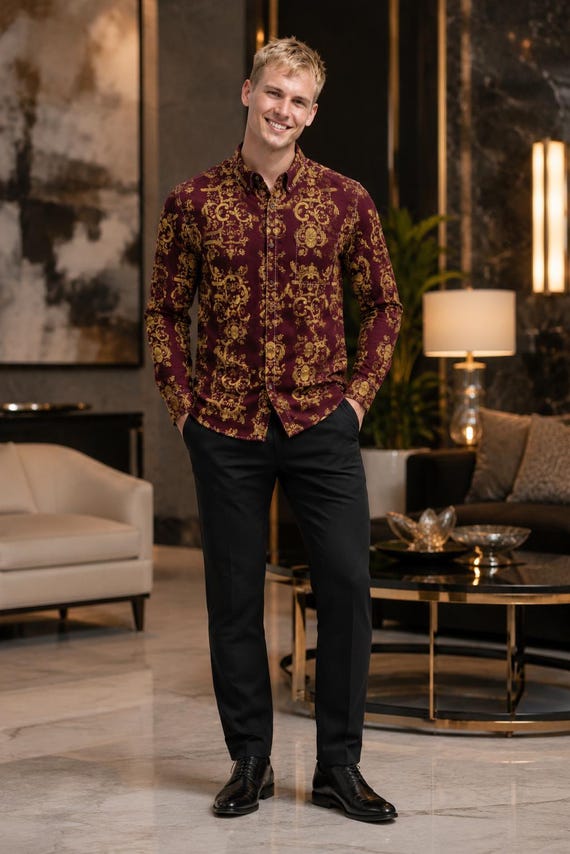 Burgundy Baroque Dress Shirt for Men, 125GSM Cotton Button Down, Renaissance Print Shirt, Vintage Gold Pattern Shirt, Gothic Formal Fashion