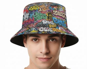 Graffiti Fischerhut | Urban Street Art Poster | Bunter Hip Hop Style | Unisex Festival Accessoire