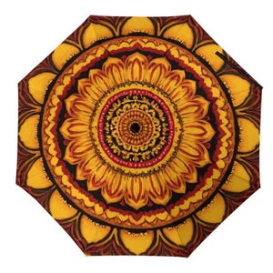 Sunflower Mandala Travel Umbrella | Made-to-Order Sublimation Print | Golden Yellow UV Compact Umbrella | Boho Windproof Design