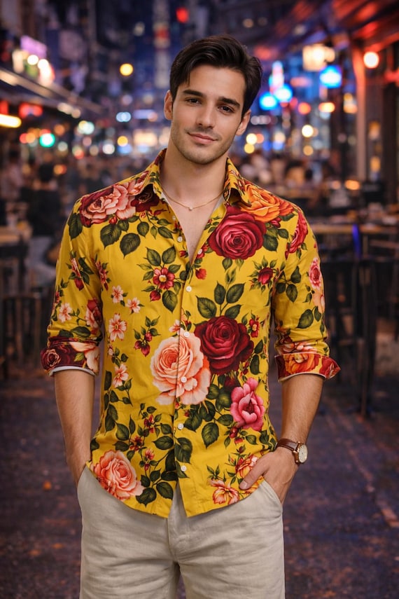 mens yellow floral dress shirt Hisdern Yellow Floral Button Up Hawaiian Shirt For Summer Vacation S
