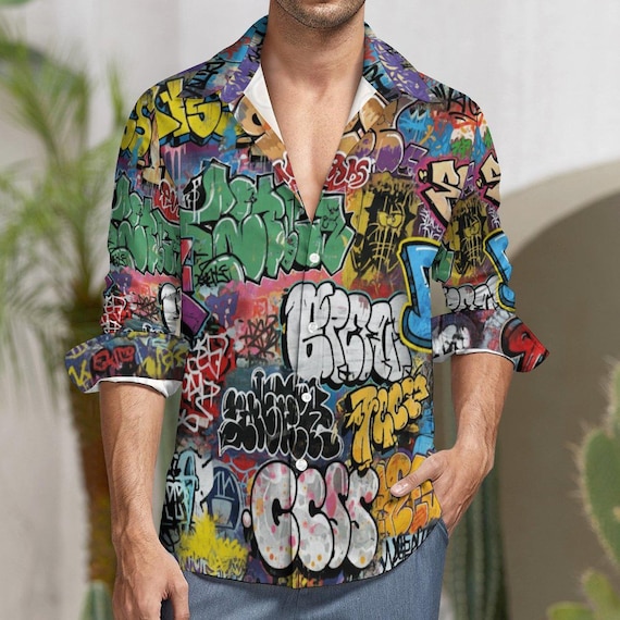 Men's Graffiti Print Shirt, Faux Linen Button Down, V-neck