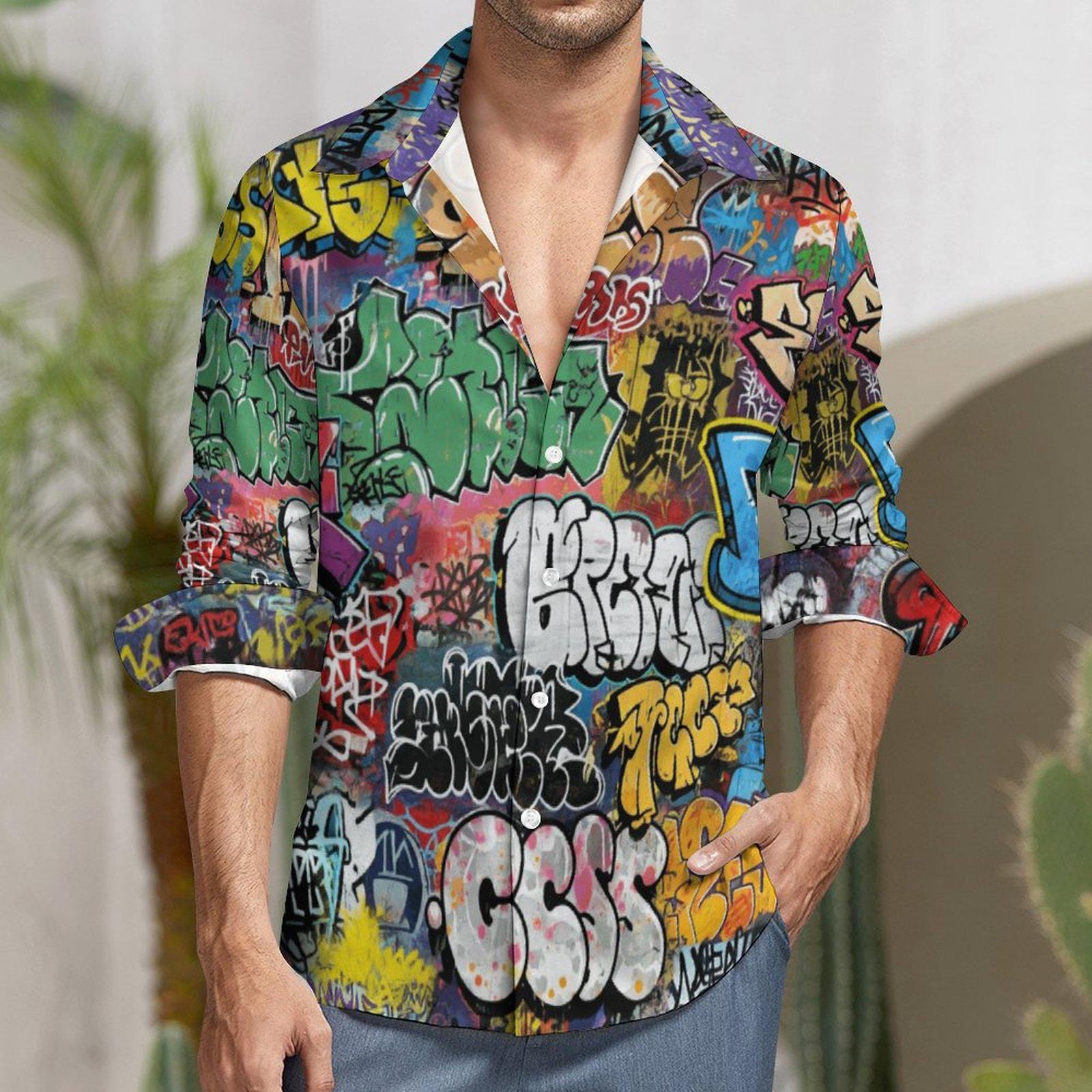 Men's Graffiti Print Shirt, Faux Linen Button Down, V-neck