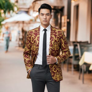 Luxury Baroque Print Blazer for Men | Made to Order Cotton Suit Jacket with Gold Pattern | Stylish Formal Dinner Party Prom Tuxedo Jacket