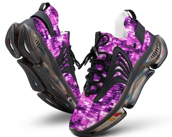 Purple Pixel Men Sneakers, Neon Pattern Running Shoes, Futuristic Trainers Men, Streetwear Athletic Shoes, Lightweight Casual Sneakers
