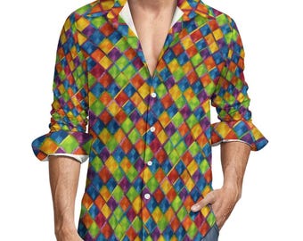 Camisa de manga larga para hombre de lino sintético con estampado de arlequín colorido – Cuello en V vintage con botones