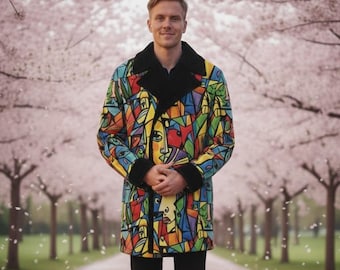 Puede incluir: Un abrigo colorido de arte abstracto con cuello y puños negros. El abrigo presenta un diseño geométrico con caras y formas en varios colores, incluyendo rojo, amarillo, azul y verde. El abrigo se lleva sobre pantalones negros.