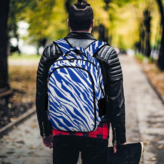 Blue Zebra Print Backpack: Polyester School Bookbag, Travel  display picture 1