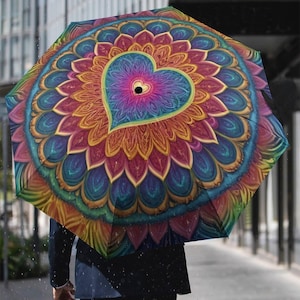Heart Mandala Travel Umbrella | Made-to-Order Sublimation Print | Compact Windproof UV Umbrella | Colorful Boho Love Design