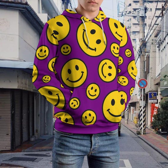 Purple Smiley Face Hoodie: Lightweight Graphic Print Streetwear - Etsy