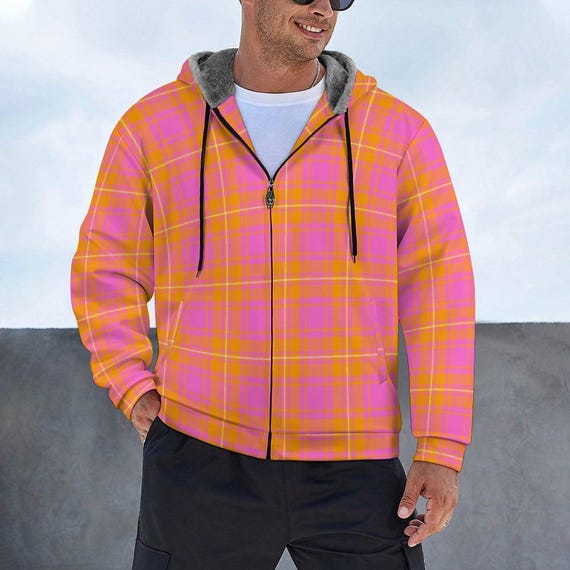トップス Sqoud Check Lined Zip Hoodie Pink and Yellow Plaid Plush Hoodie: Tartan Scuba Fabric, Gray