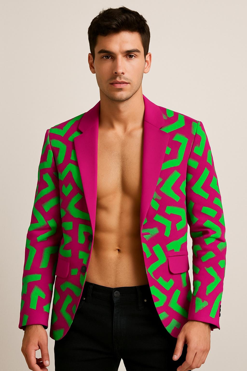 Men's Neon Blazer: Pink & Green Graphic Print Cotton Jacket