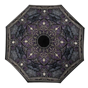 Gothic Skull Ravens Octagonal Auto Umbrella - Dark Purple Fantasy Windproof Compact Travel Umbrella with Anti-UV Coating-Gothic Accessories