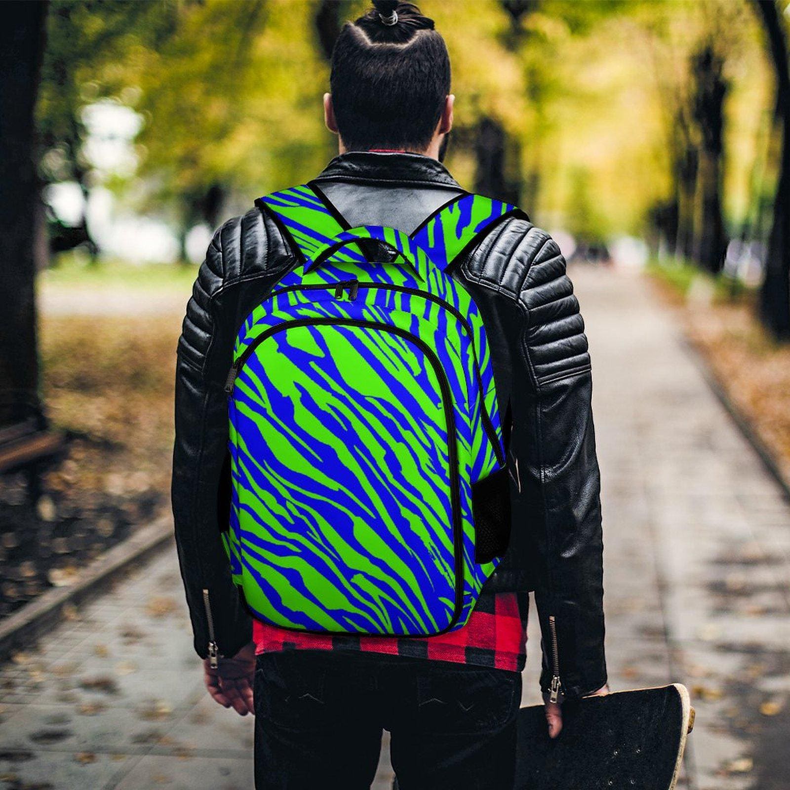 Neon Zebra Print Backpack: Green & Blue Polyester School Travel