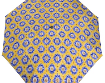 Thai Inspired Umbrella, Yellow Blue Pattern Umbrella, Automatic Travel Umbrella, Stylish Rain Umbrella, UV Protection Umbrella