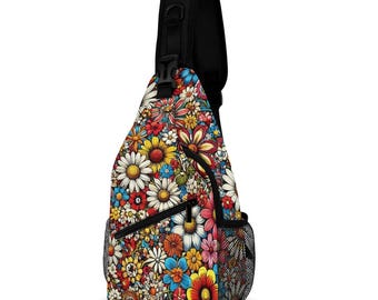 Vintage Blumen Sling Rucksack: Retro Twill Umhängetasche