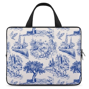 May include: A laptop bag with a black handle and zipper. The bag features a blue and white toile pattern depicting scenes of people, buildings, trees, and birds. The bag has a black border.