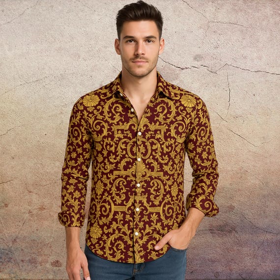 Baroque Print Long Sleeve Shirt - Burgundy and Gold Faux Linen Button Up